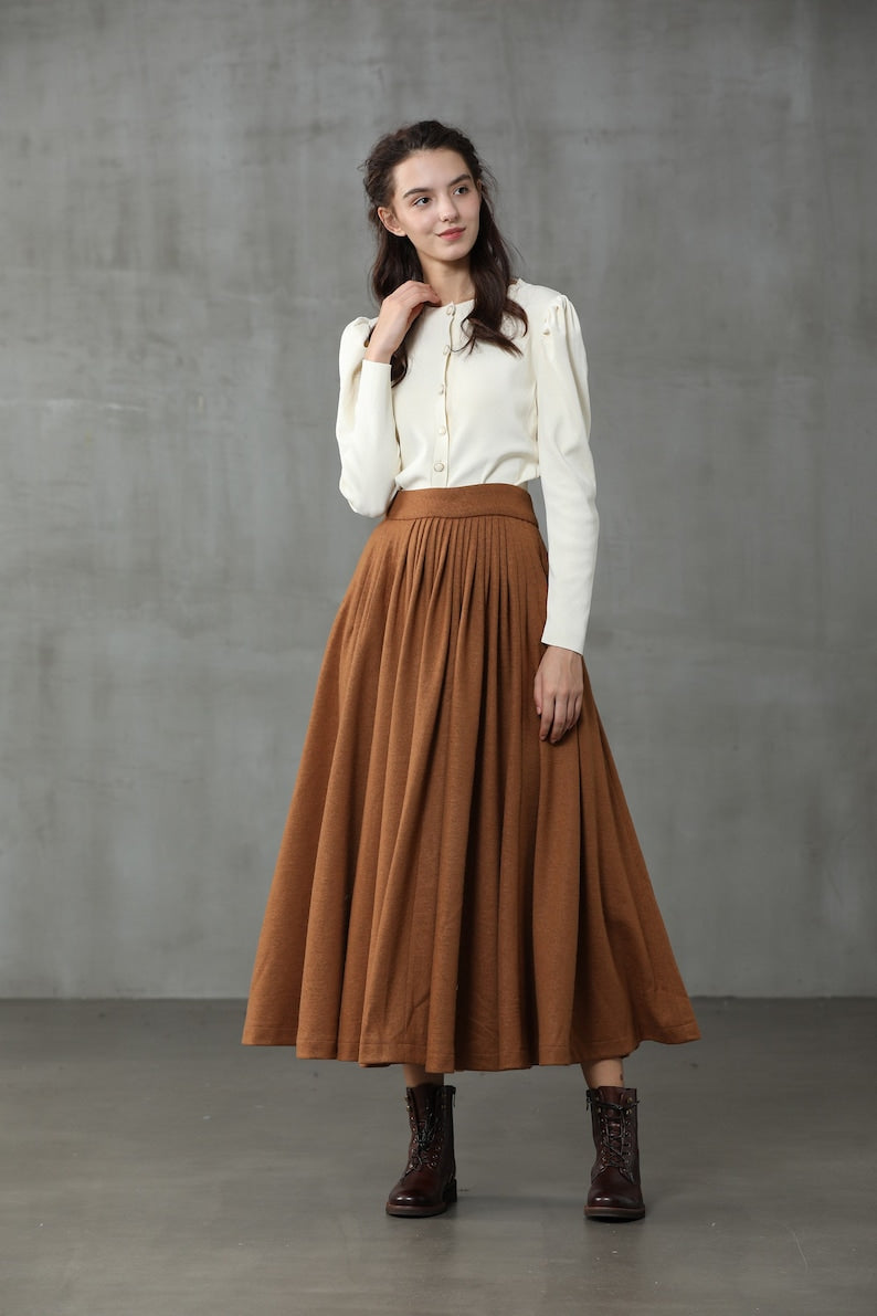 Brown Wool Skirt, Pleated Wool Skirt, Winter Skirt, Wool Circle Skirt,  Flared Skirt, A-line Skirt, Handmade Skirts Linennaive 